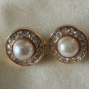 Vintage Christian Dior clip faux pearl and crystal round gold tone earrings